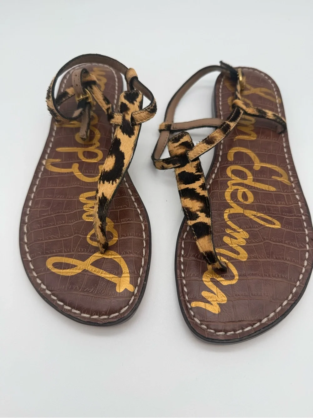 Sam Edelman Leopard-Print Calf Hair T-Strap Sandals - Brown/Black